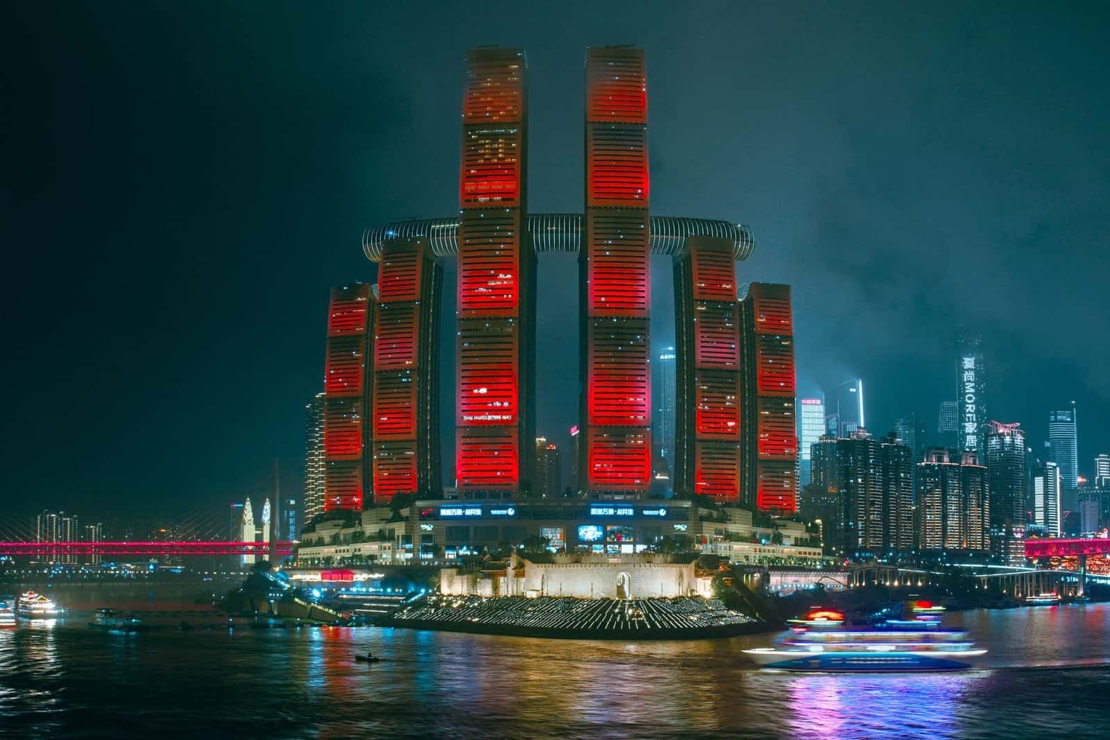 futuristic skyscrapers in chongqing at night