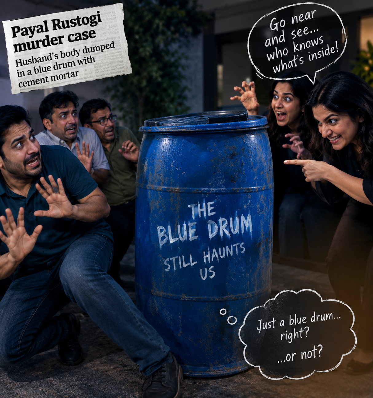 A menacing blue drum associated with the Payal Rustogi murder case, surrounded by frightened men and women playfully trying to scare them, symbolising the fear sparked by the infamous blue drum case.