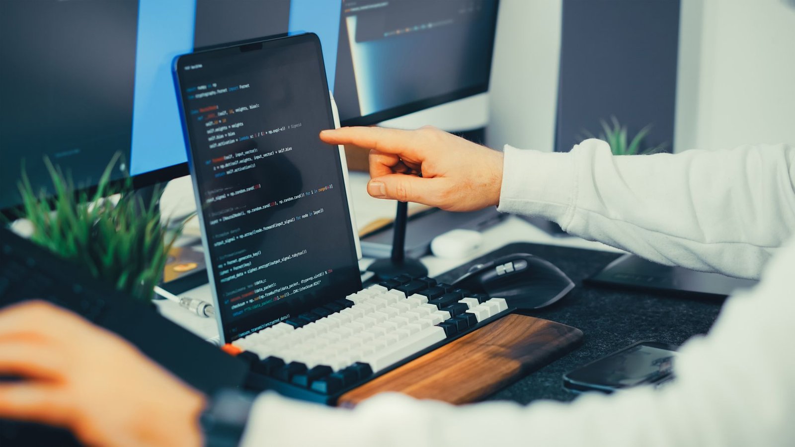 close up of programmer typing code on laptop