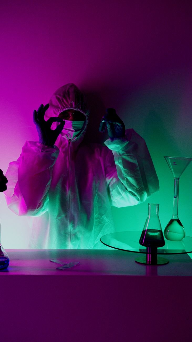 person in personal protective equipment standing inside a laboratory